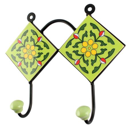 Pea Green Ceramic Floral Tile Wall Hook